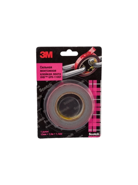 Двусторонняя клейкая лента ЗМ gph 110gf, 12 мм, 1,5 м, 1,1 мм 110GF-12