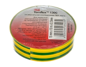 Изолента ПВХ 3М Temflex 1300 желто-зеленая, рулон 15 мм x 10 м 7100081324