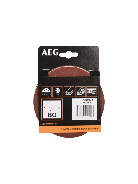 Шлифовальные диски AASD80-5 5 шт, 125 мм, Р80 AEG 4932492634