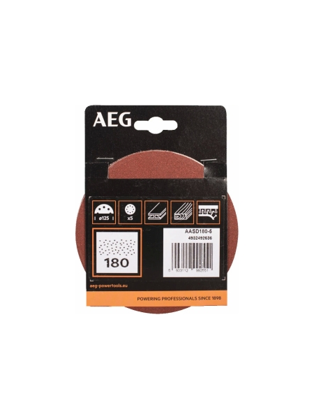 Шлифовальные диски AASD180-5 5 шт, 125 мм, Р180 AEG 4932492636