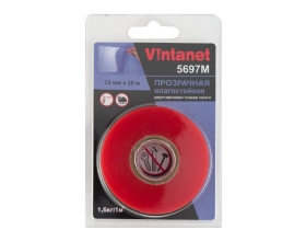 Двусторонняя лента на ПЭТ основе VINTANET 5697М, прозрачная, влагостойкая, 15 мм, 10 м 5697M 15MMX10M
