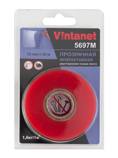 Двусторонняя лента на ПЭТ основе VINTANET 5697М, прозрачная, влагостойкая, 15 мм, 10 м 5697M 15MMX10M