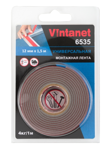 Монтажная клейкая двусторонняя лента Vintanet 6535, универсальная, 12 мм х 1,5 м 12MMX1,5M