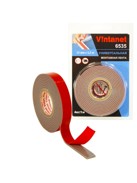 Монтажная клейкая двусторонняя лента Vintanet 6535, универсальная, 12 мм х 1,5 м 12MMX1,5M