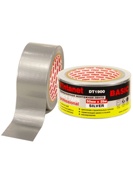 Монтажная армированная лента VINTANET DT1900 базовая, серебряная, 50 мм, 25 м DT19005025S