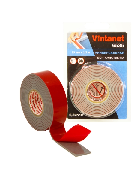 Монтажная клейкая двусторонняя лента Vintanet 6535, универсальная, 19 мм х 1,5 м 19MMX1,5M