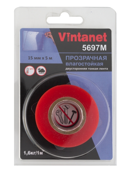 Двусторонняя лента на ПЭТ основе VINTANET 5697М, прозрачная, влагостойкая, 15 мм, 5 м 5697M 15MMX5M