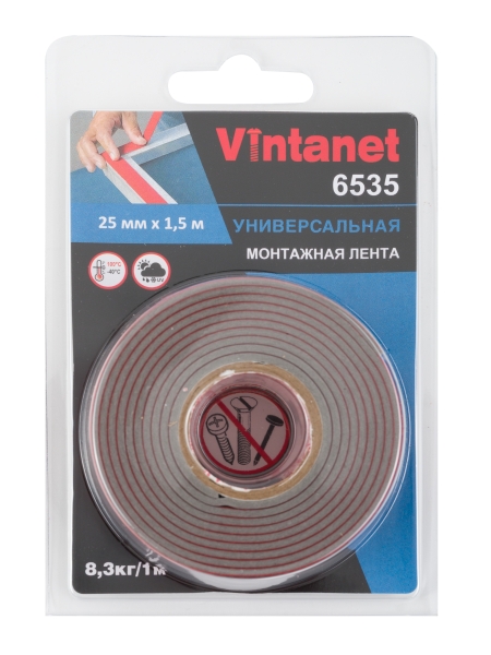 Монтажная клейкая двусторонняя лента Vintanet 6535, универсальная, 25 мм х 1,5 м 25MMX1,5M