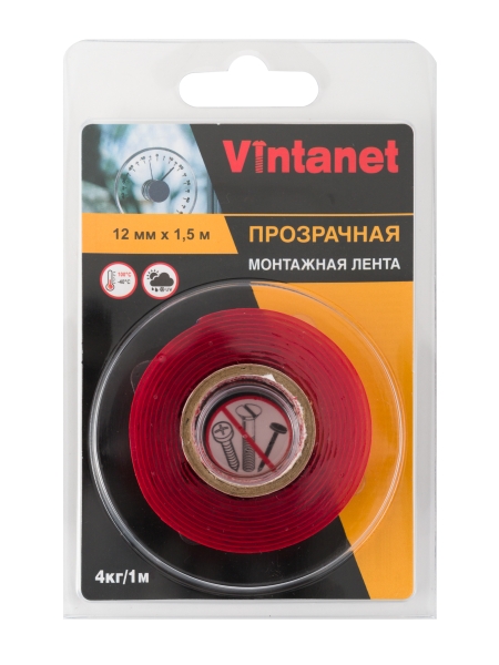Монтажная двусторонняя клейкая лента VINTANET 135, прозрачная, 12 мм х 1,5 м VN1351215