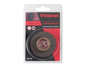 Монтажная сверхсильная клейкая двусторонняя лента Vintanet VN1146, цвет черный, 12 мм х 1,5 м VN11461215