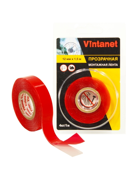 Монтажная двусторонняя клейкая лента VINTANET 135, прозрачная, 12 мм х 1,5 м VN1351215