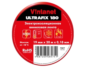 Изолента виниловая VINTANET морозостойкая ULTRAFIX180 красная, рулон 19 мм х 20 м UF180R1920
