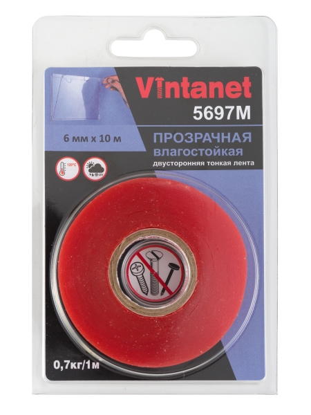 Двусторонняя лента на ПЭТ основе Vintanet 5697М прозрачная, влагостойкая, 6 мм х 10 м 5697M 6MMX10M