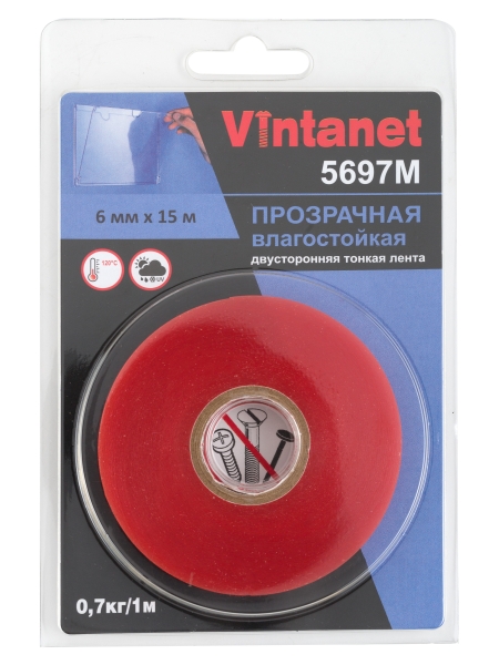Двусторонняя лента на ПЭТ основе Vintanet 5697М прозрачная, влагостойкая, 6 мм х 15 м 5697M 6MMX15M
