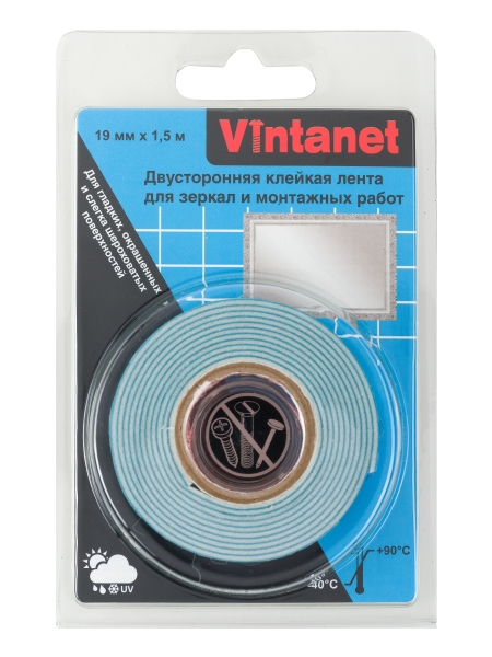 Двусторонняя клейкая лента для зеркал и монтажных работ VINTANET VN819, 19 мм х 1,5 м VN8191915