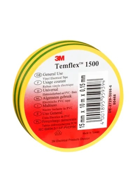 Изолента ПВХ Temflex 1500 универсальная желто-зеленая, рулон 19 мм x 25 м