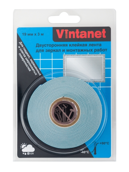Двусторонняя клейкая лента для зеркал и монтажных работ Vintanet VN819, 19 мм х 3 м VN819193