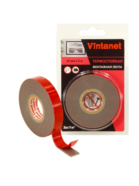 Двусторонняя клейкая монтажная термостойкая акриловая лента VINTANET VN1105, 12 мм х 2 м VN1105122