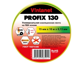 Изолента ПВХ универсальная VINTANET PROFIX130 желто-зеленая, рулон 15 мм x 10 м PF130YG1510