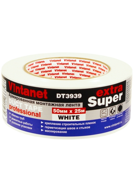 Монтажная армированная лента Vintanet DT3939 ЭКСТРА СУПЕР, белая, 50 мм х 25 м DT39395025W
