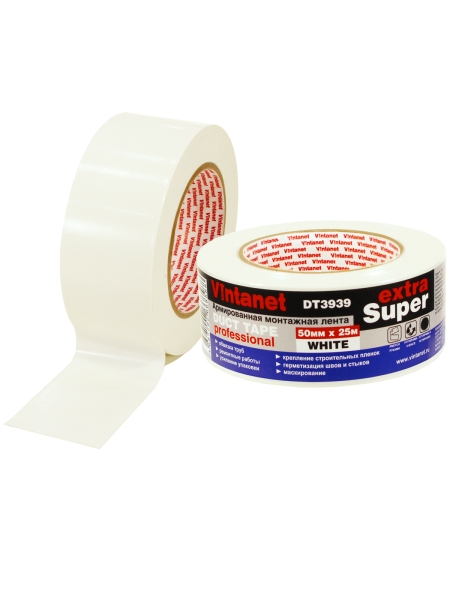 Монтажная армированная лента Vintanet DT3939 ЭКСТРА СУПЕР, белая, 50 мм х 25 м DT39395025W