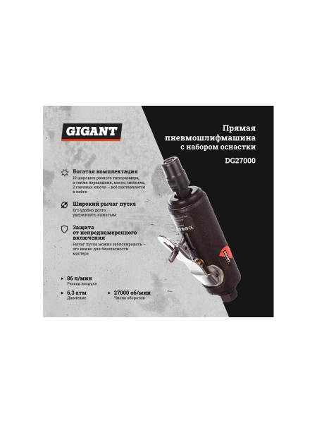 Прямая пневмошлифмашина с набором оснастки (цанга; 27000 об/мин; кейс) Gigant DG27000