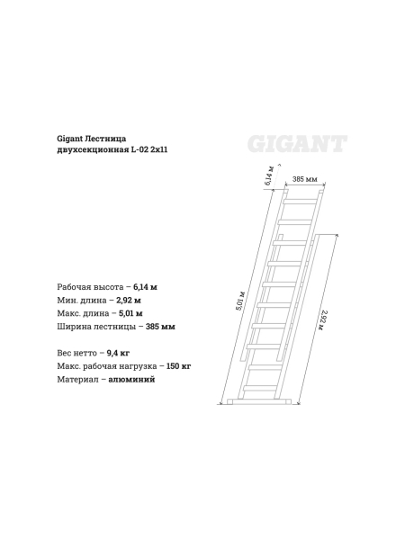 Двухсекционная лестница 11 ступеней Gigant L-02 2х11
