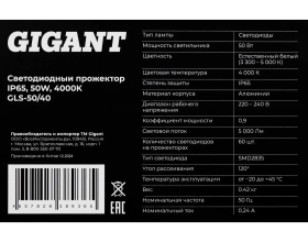 Светодиодный прожектор IP65 50W 4000K Gigant GLS-50/40