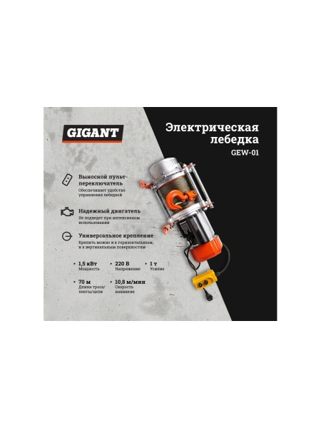 Электрическая лебедка Gigant 500/1000 кг, 220 В, 70/35 м, Диаметр троса 6мм, GEW-01