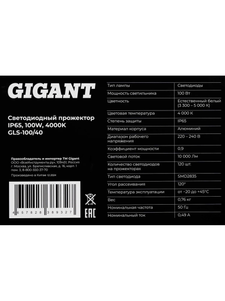 Светодиодный прожектор IP65 100W 4000K Gigant GLS-100/40