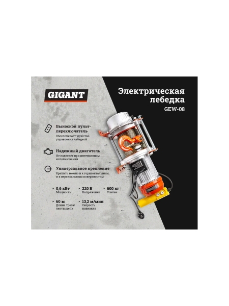 Электрическая лебедка Gigant 300/600 кг, 220 В, 60/30 м, Диаметр троса 6мм, GEW-08