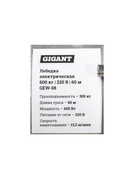 Электрическая лебедка Gigant 300/600 кг, 220 В, 60/30 м, Диаметр троса 6мм, GEW-08