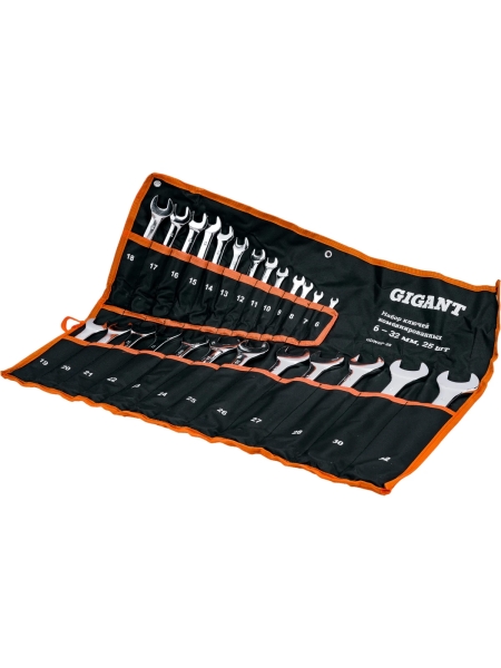 Набор комбинированных ключей Gigant 6 - 32 мм, 25шт., полированный хром, Сталь Cr-V, 6-32мм, GDWSP-25