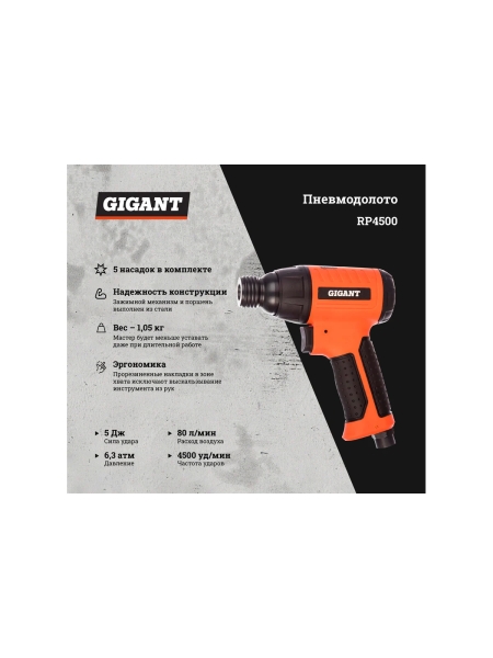 Пневмодолото (5 Дж; оснастка 10 мм шестигранник) Gigant RP4500 + 5 насадок
