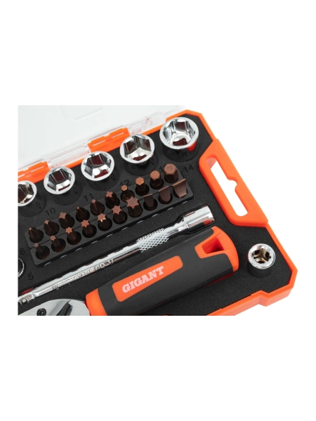 Набор Gigant: биты-20 шт, торцовые головки-12шт, трещотка 1/4-1шт, адаптер для бит SQ 1/4"хHex 1/4", удлинитель 1/4"/90мм GSBR-1/4
