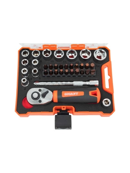 Набор Gigant: биты-20 шт, торцовые головки-12шт, трещотка 1/4-1шт, адаптер для бит SQ 1/4"хHex 1/4", удлинитель 1/4"/90мм GSBR-1/4