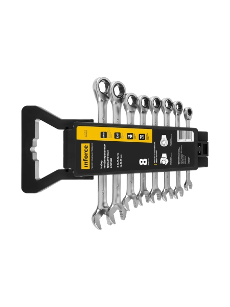 Набор комбинированных трещоточных ключей 8 предметов Inforce, Сталь Cr-V, 8-19мм, профессиональный, 06-05-86