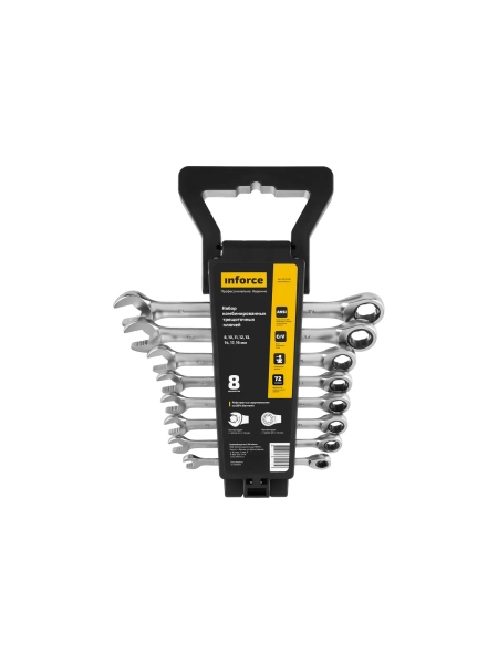 Набор комбинированных трещоточных ключей 8 предметов Inforce, Сталь Cr-V, 8-19мм, профессиональный, 06-05-86