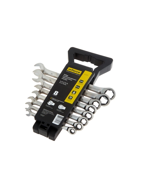 Набор комбинированных трещоточных ключей 8 предметов Inforce, Сталь Cr-V, 8-19мм, профессиональный, 06-05-86