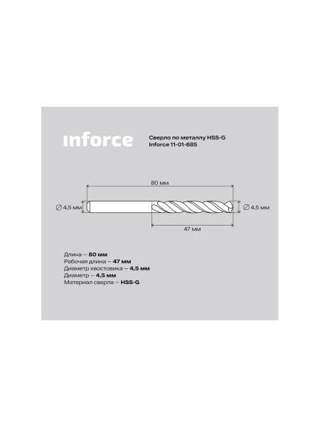 Сверло по металлу HSS-G (4.5х80х47 мм) Inforce 11-01-685