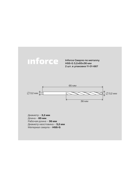Сверло по металлу HSS-G (2 шт; 3.2х65х36 мм) Inforce 11-01-667