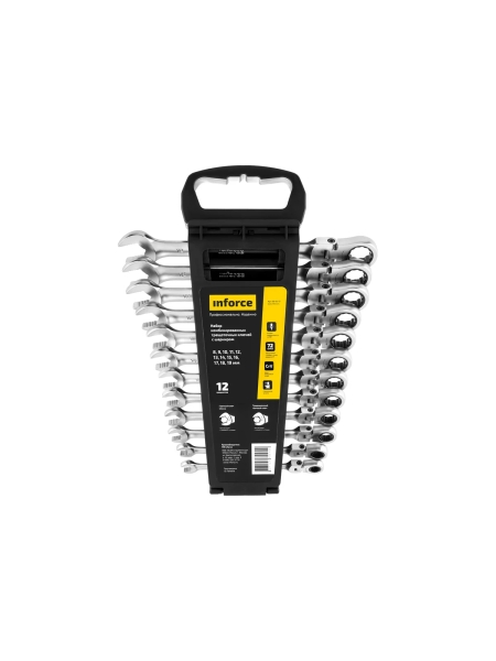 Набор комбинированных шарнирных ключей с трещоткой 12 предметов Inforce, Сталь Cr-V, 8-19мм, 06-05-51