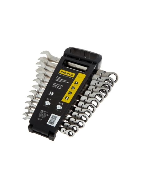 Набор комбинированных шарнирных ключей с трещоткой 12 предметов Inforce, Сталь Cr-V, 8-19мм, 06-05-51