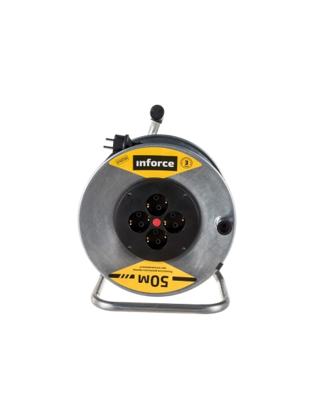 Силовой удлинитель Inforce К4-Е-50 на металлической катушке ПВС 3x1.5 50м 16А, 4 розетки с з/к 40150