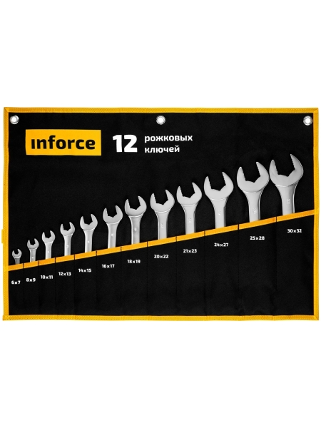 Набор рожковых ключей 12 предметов Inforce, Сталь Cr-V, 6-32мм, профессиональный, 06-05-44
