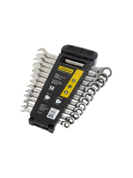 Набор комбинированных ключей с трещоткой 12 предметов Inforce, Сталь Cr-V, 8-19мм, 06-05-49