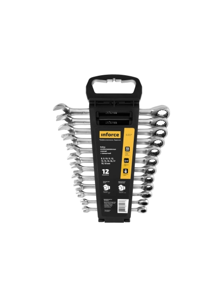 Набор комбинированных ключей с трещоткой 12 предметов Inforce, Сталь Cr-V, 8-19мм, 06-05-49