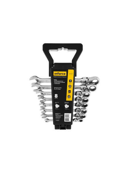 Набор комбинированных шарнирных ключей с трещоткой 8 предметов Inforce, Сталь Cr-V, 8-19мм, 06-05-52