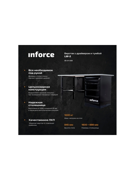 Верстак с драйвером Inforce 1600х686х845 LW-2 допустимая нагрузка на стол 1000кг, 05-01-006