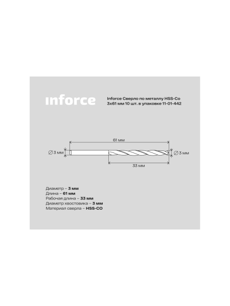 Сверло по металлу HSS-CO (10 шт/уп; 3x61x33 мм) Inforce 11-01-442